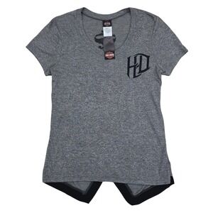 Harley-Davidson Mock Twist Crossover Back Tee Womens Medium Grey Biker Logo NWT